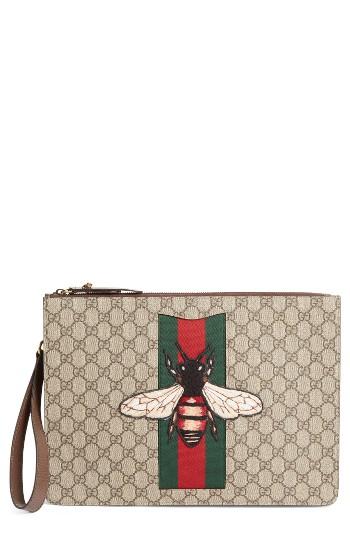 Men's Gucci Bee Applique Supreme Canvas Zipper Pouch -