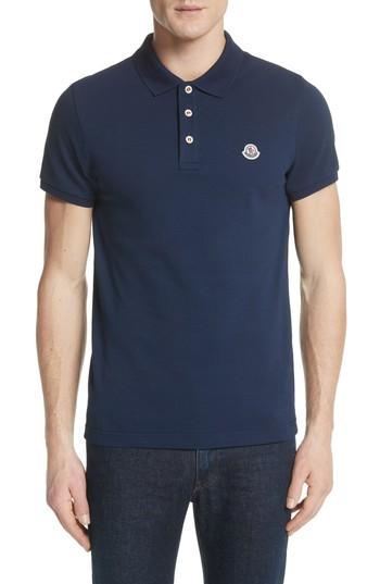 Men's Moncler Flag Placket Pique Polo - Blue