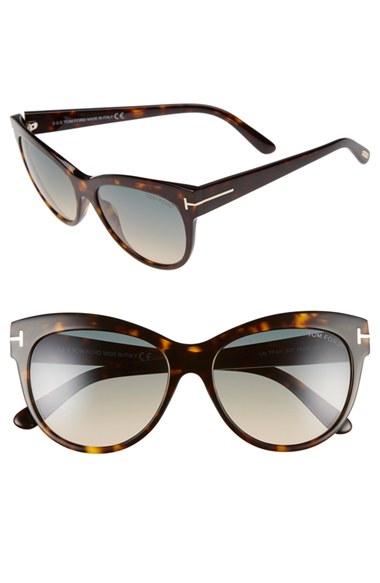 Women's Tom Ford 'lily' 56mm Cat Eye Sunglasses - Dark Havana/ Gradient Green