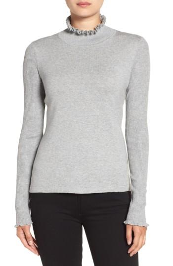 Women's Cece Rib Sleeve Ruffle Trim Turtleneck - Grey