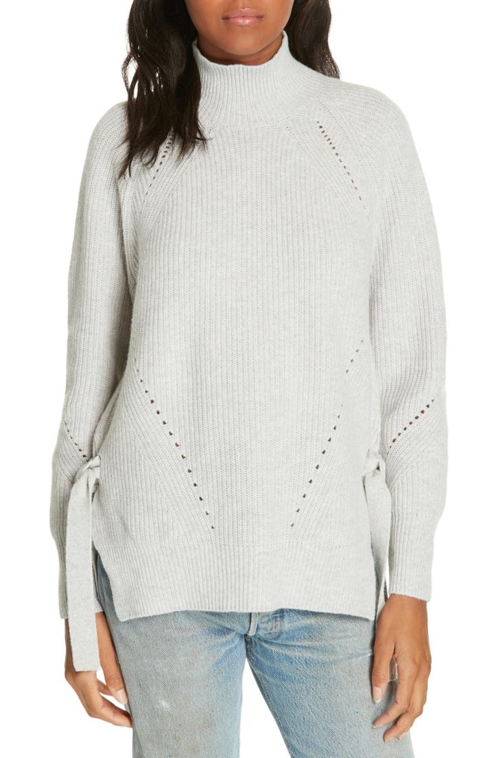 Women's Rebecca Taylor Ribbed Turtleneck Tie Pullover Sweater - Grey