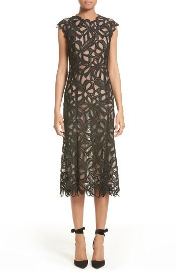 Women's Monique Lhuillier Ribbon Guipure Lace Midi Dress - Black