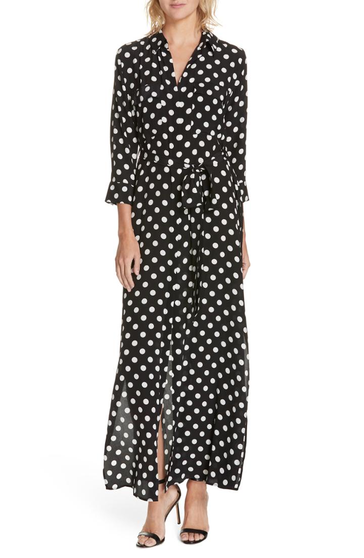 Women's L'agence Cameron Polka Dot Silk Maxi Shirtdress - Black