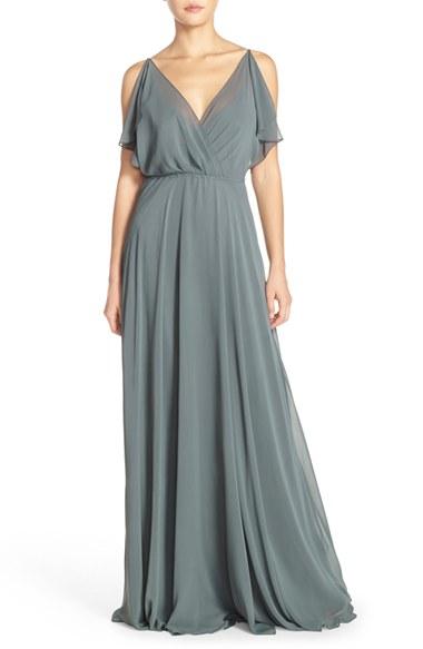 Women's Jenny Yoo 'cassie' Flutter Sleeve Chiffon A-line Gown