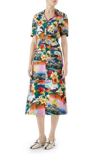 Women's Gucci Belted Hawaiian Linen Shirtdress Us / 38 It - Blue