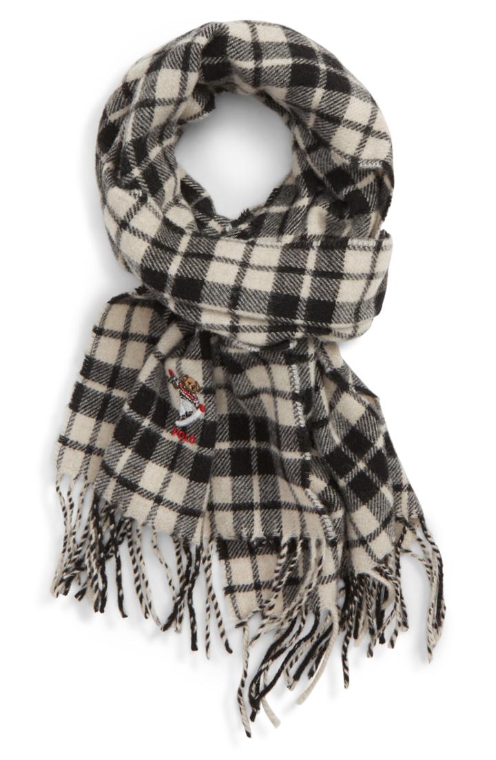 Men's Polo Ralph Lauren Embroidered Bear Plaid Wool Blend Scarf, Size - Black