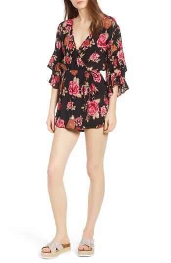 Women's Angie Print Ruffle Surplice Romper - Black