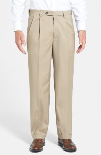 Men's Berle Self Sizer Waist Pleated Wool Gabardine Trousers X 30 - Beige