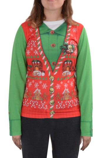 Women's Faux Real Ugly Christmas Long Sleeve Novelty Tee - Red