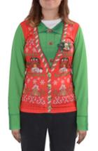 Women's Faux Real Ugly Christmas Long Sleeve Novelty Tee - Red