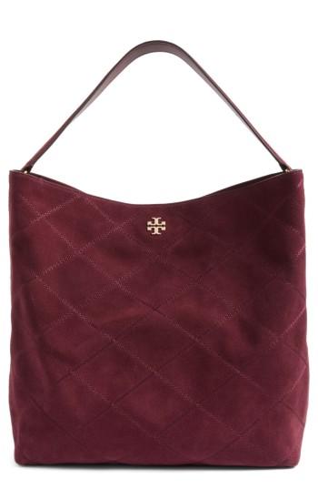 Tory Burch Frida Stitched Suede Hobo - Burgundy