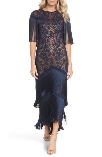 Women's Tadashi Shoji Embroidered Mesh & Fringe Gown - Blue
