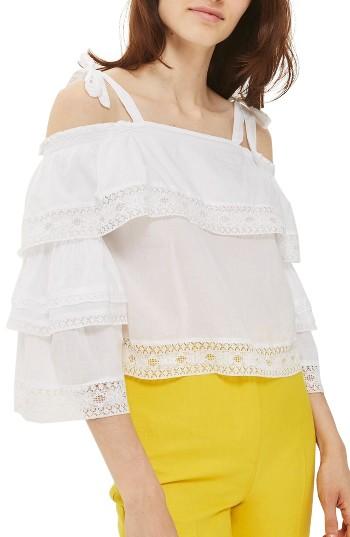 Women's Topshop Lace Trim Off The Shoulder Top Us (fits Like 0-2) - White