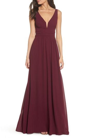 Women's Lulus V-neck Chiffon Gown - Burgundy