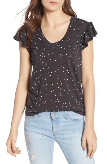 Women's Sundry Star Print Ruffle Sleeve Tee - Black
