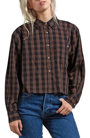 Women's Volcom Dare 2 Bloom Check Crop Shirt - Brown