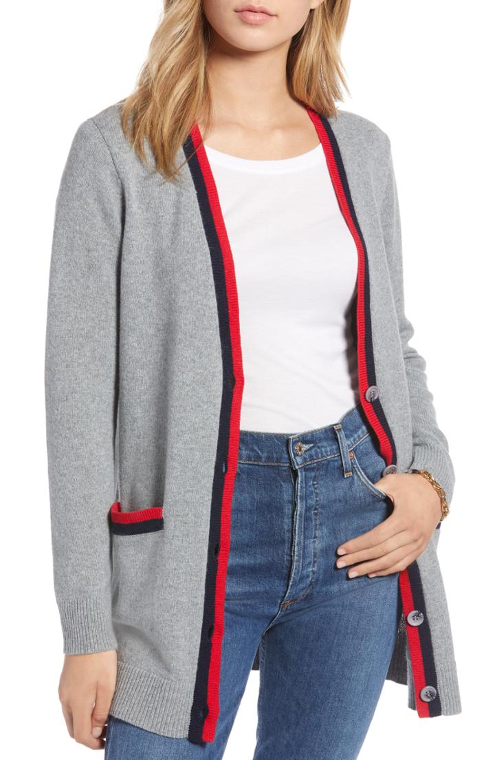 Women's 1901 Varsity Stripe Long Cardigan, Size - Grey