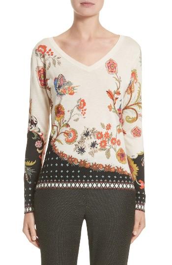 Women's Etro Stampa Croce Silk & Cashmere V-neck Sweater Us / 44 It - White