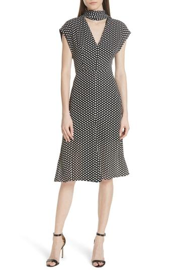 Women's Milly Dot Print Tie Neck Silk Dress - Black
