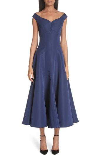 Women's Christian Siriano Off The Shoulder V-neck A-line Silk Cocktail Dress (fits Like 4-6) - Blue