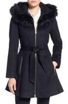 Women's Laundry By Shelli Segal Belted Fit & Flare Coat With Faux Fur Trim - Blue