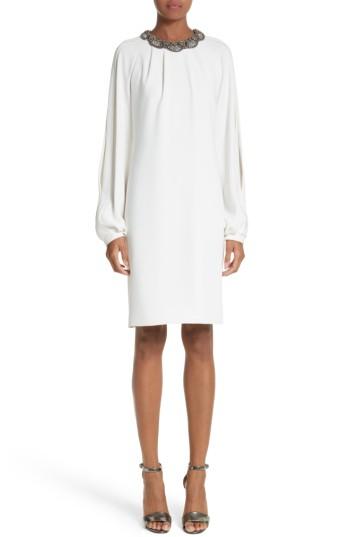 Women's Carmen Marc Valvo Embellished Split Sleeve Shift Dress - Ivory