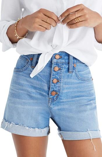 Women's Madewell Button Front High Waist Denim Shorts - Blue
