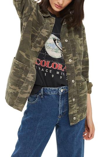 Women's Topshop Cleo Camo Shirt Jacket Us (fits Like 0) - Green