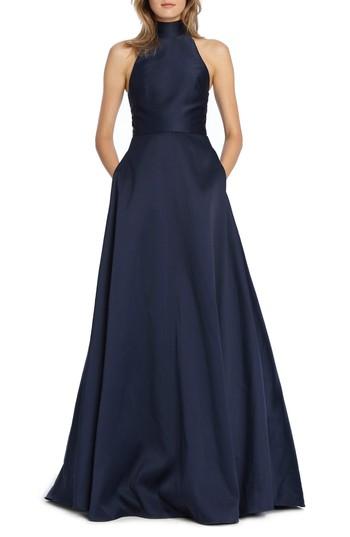 Women's Ml Monique Lhuillier Charmeuse Mock Neck Ballgown - Blue