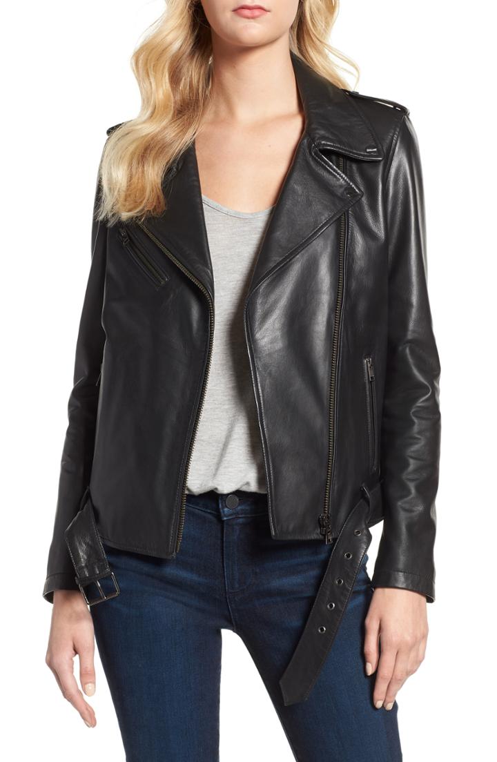 Women's Lamarque Belted Leather Biker Jacket - Black
