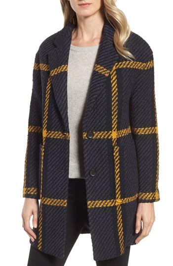 Women's Dkny Textured Plaid Wool Blend Coat - Black