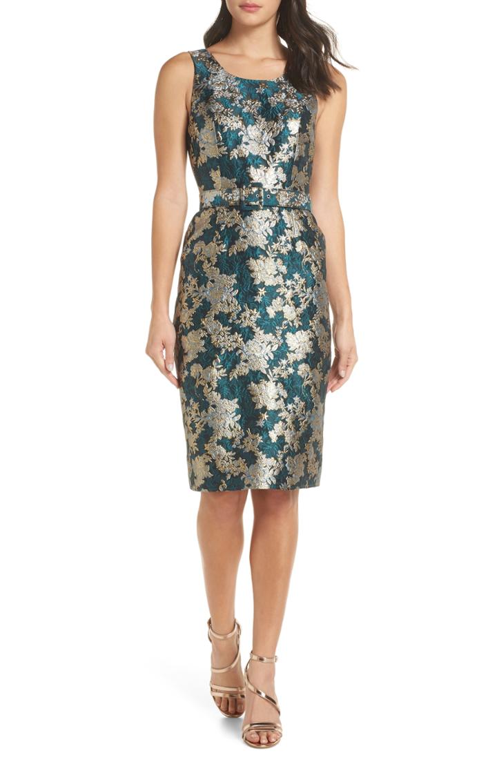 Women's Charles Henry Belted Jacquard A-line Dress, Size - Blue/green