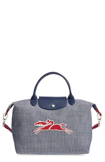 Longchamp Small Le Pliage Cuir - Fleuri Lambskin Tote - Blue