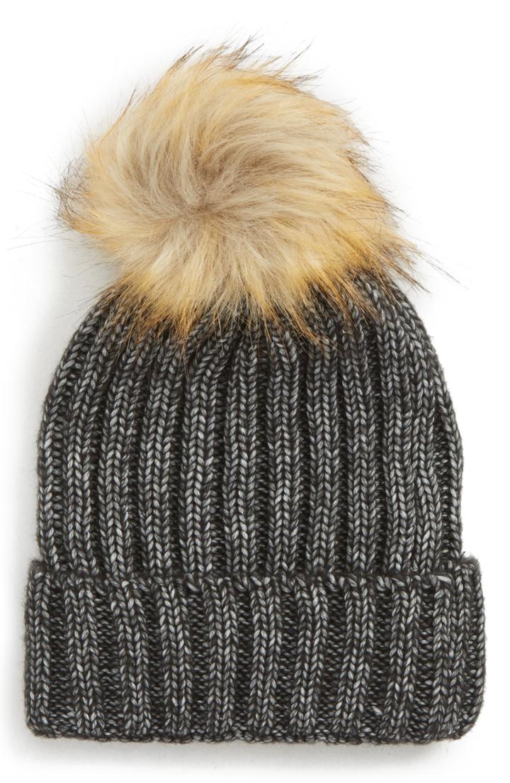 Women's Sole Society Faux Fur Pom Knit Beanie - Grey