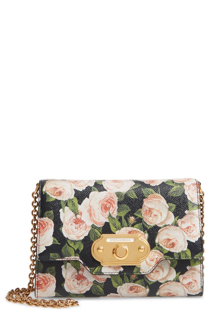 Women's Dolce & Gabbana Rose Print Calfskin Leather Shoulder Bag - Black