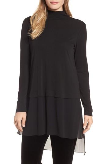 Women's Eileen Fisher Sheer Hem Silk Tunic, Size - Black