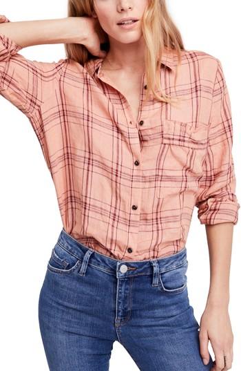 Women's Free People No Limits Plaid Linen Shirt - Coral