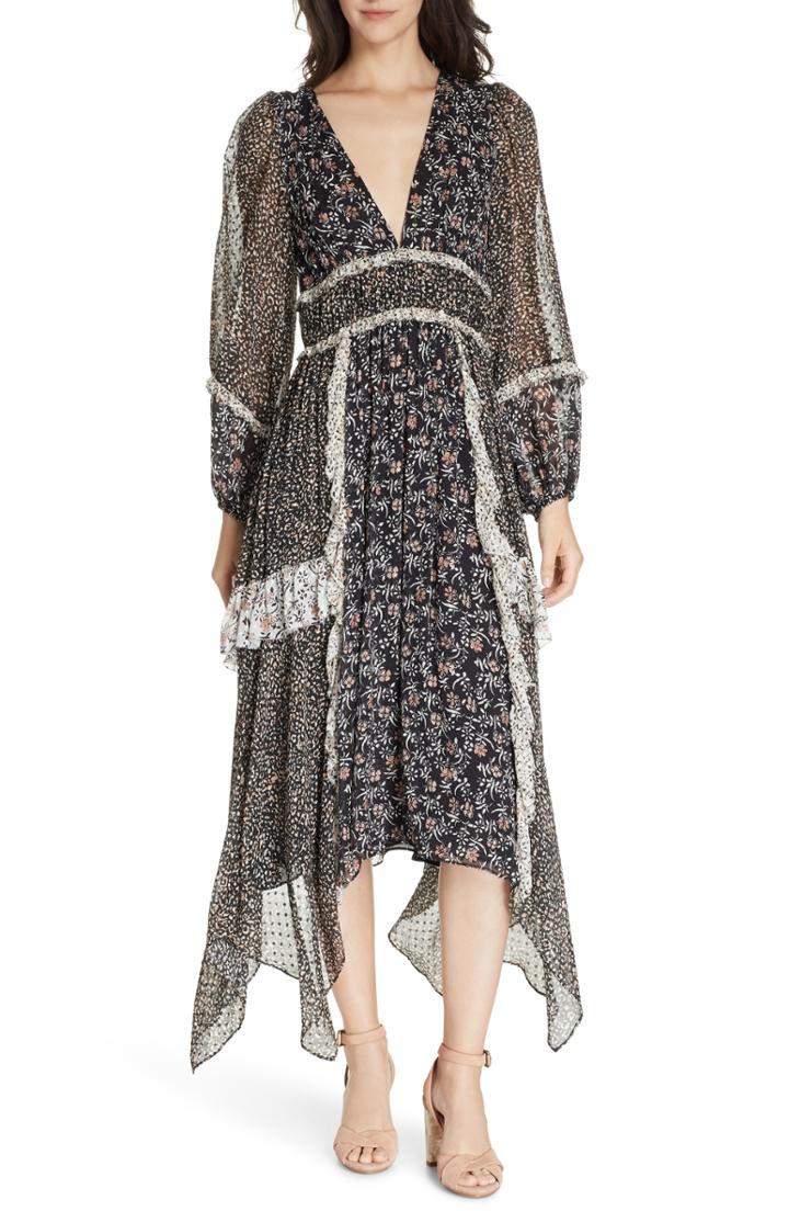 Women's Ulla Johnson Primrose Floral Print Silk Blend Midi Dress - Black