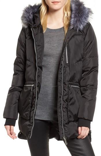 Women's Sam Edelman Hooded Puffer Jacket With Faux Fur Trim - Black