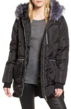 Women's Sam Edelman Hooded Puffer Jacket With Faux Fur Trim - Black