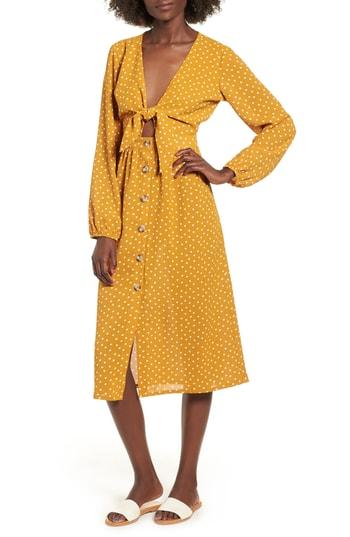 Women's Mimi Chica Polka Dot Tie Front Midi Dress - Yellow