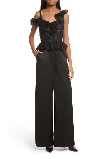 Women's Rebecca Taylor Malorie Off The Shoulder Embroidered Silk Jumpsuit - Black