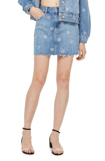 Women's Topshop Diamante Polka Dot Nonstretch Denim Skirt Us (fits Like 0) - Blue
