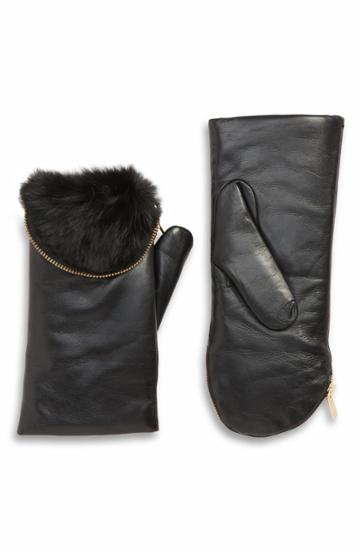 Women's Aristide Genuine Rabbit Fur Lined Lambskin Leather Zip Mittens - Black