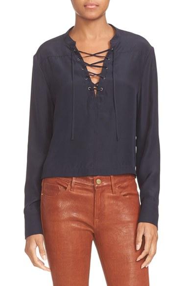 Women's Frame Lace-up Silk Blouse - Blue