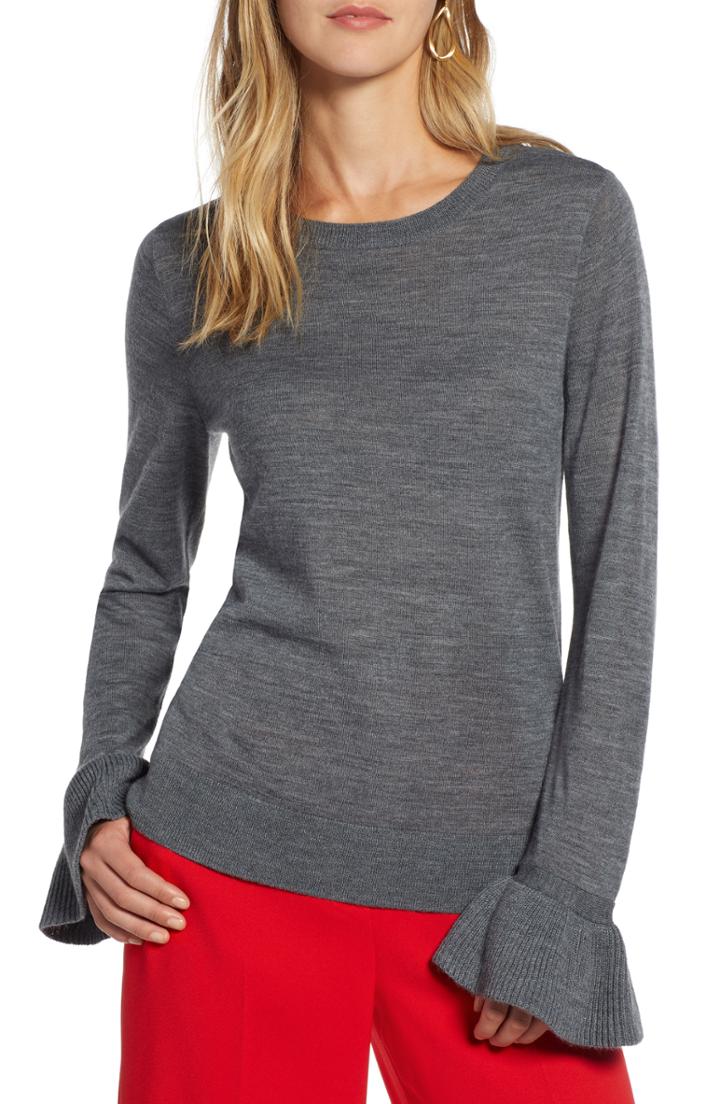 Women's Halogen Ruffle Cuff Sweater, Size - Grey