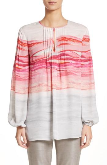 Women's St. John Collection Textured Brushstroke Print Silk Blouse, Size - Pink