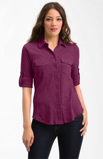 Sandra Ingrish Three Quarter Roll Sleeve Knit Shirt Purple Magenta X-large