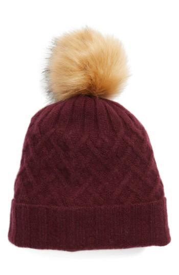 Women's Halogen Cashmere Beanie With Faux Fur Pom - Burgundy