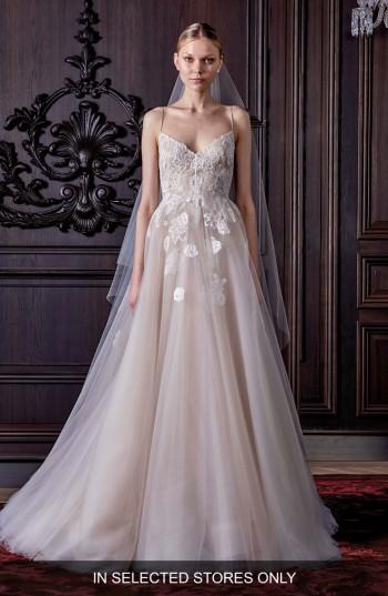 Women's Monique Lhuillier 'severine' Chantilly Lace & Tulle Gown, Size - White